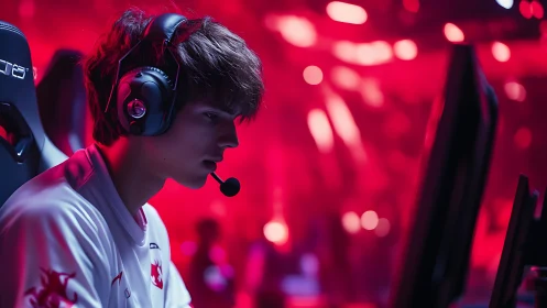 Esports competitor focused at RGB-lit gaming station.