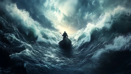 Lone navigator in turbulent ocean vortex under storm light.