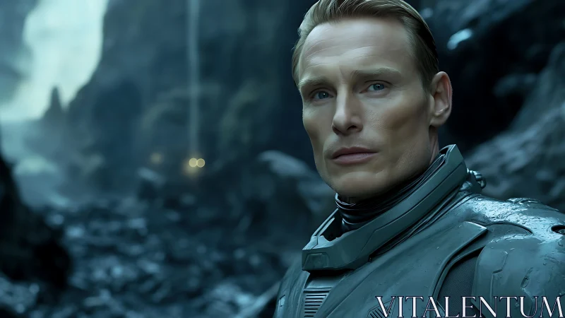 Stoic armored explorer within misty alien canyonscape.