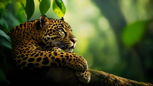 High-detail jaguar portrait resting on branch in soft jungle bokeh