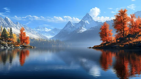 Crimson autumn shoreline reflecting beneath icy peaks.