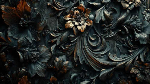 Gilded midnight florals swirling through sculpted shadowed petals.
