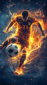 Fiery soccer player powers a blazing kick under night sky