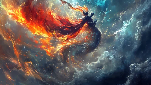 Fire and storm spirit dancing across a swirling sky.