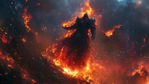 Apocalyptic fire lord in infernal volcanic panorama digital painting.
