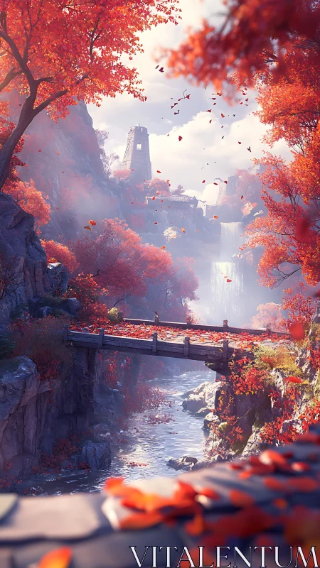 Autumn mountain gorge with bridge, river and tall tower.