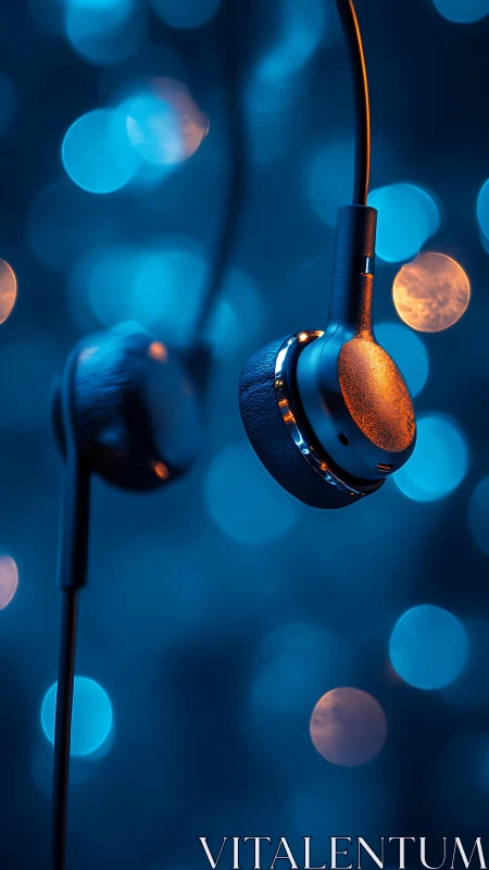 Close-up wired headphones glow against soft bokeh lights.