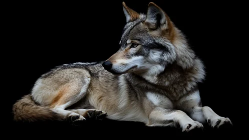 Resting gray wolf on black background in profile view.