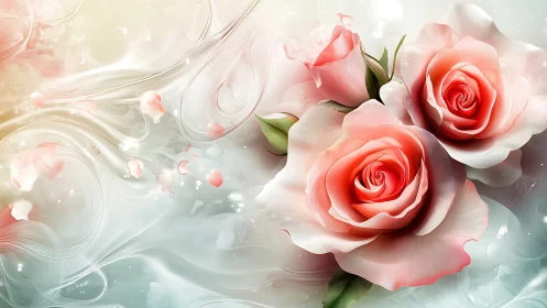 Coral Roses with Abstract Swirls and Bokeh Effects.