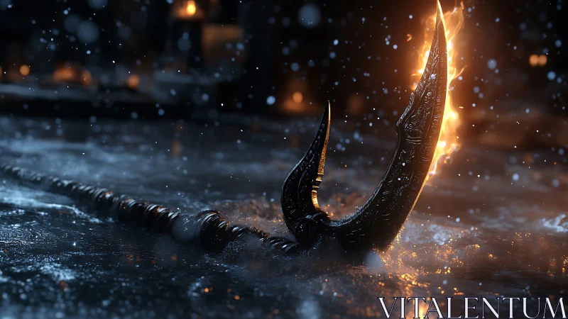 Flaming ornate war spear embedded in icy battlefield surface