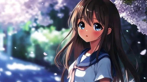 Anime schoolgirl under cherry blossoms in soft bokeh lighting.