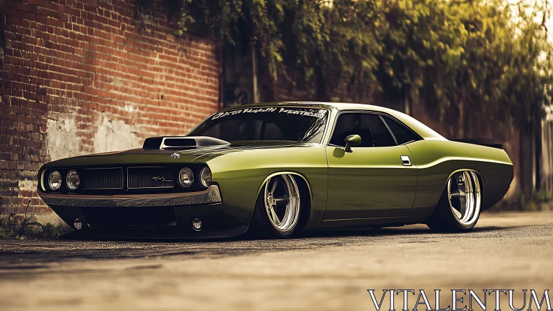 Low-slung lime muscle car beside rustic brick wall at dusk.