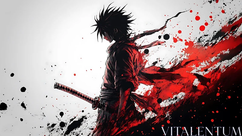 Vectorized samurai silhouette in high-energy ink dispersion field.