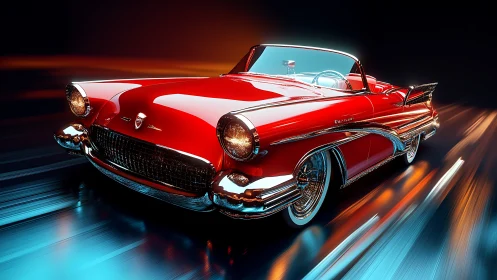Red classic convertible speeding through neon nightscape.