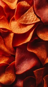 Cozy close up of crunchy red chips with warm golden glow.