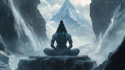 Meditating ascetic overlooks icy mountain between waterfalls