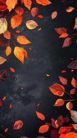 Autumn leaves drift across a dark textured background.