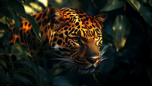 Leopard emerging from dark jungle foliage in sharp focus.