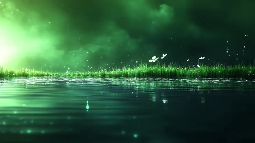 Bioluminescent grass shoreline reflects across tranquil water