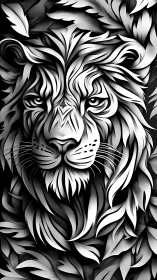 Monochrome lion portrait in layered flowing paper lines.