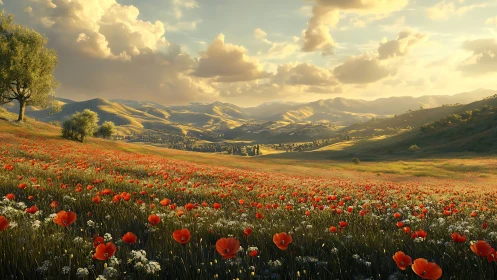 Sunlit poppy meadow stretching across rolling hills landscape.