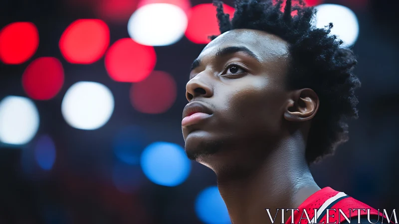 Courtside portrait under defocused arena lights at night.
