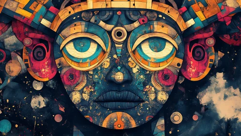 Geometric cosmic mask forms surreal celestial portrait