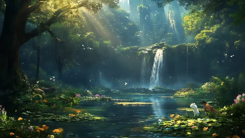 Luminous Waterfall Eden: Where Sunbeams Kiss the Sacred Grove.