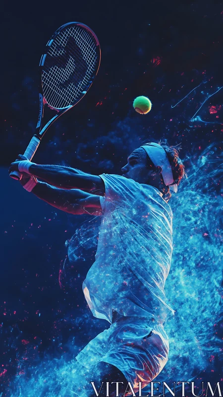 Neon tennis backhand freezes motion in electric blue storm.