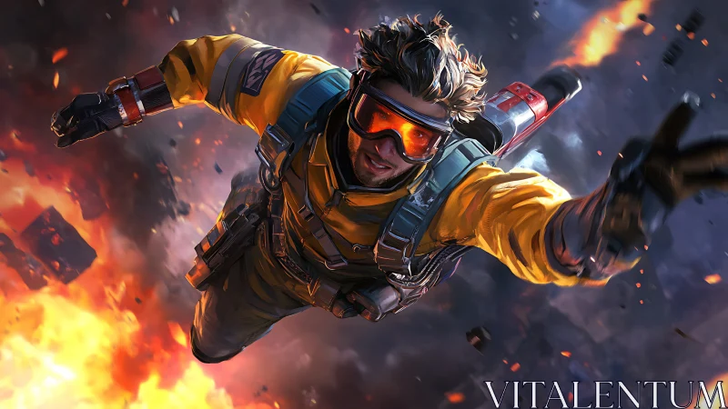 Jetpack hero dives through explosive burning battlefield