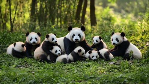 Group of giant pandas resting on grass in forest habitat.
