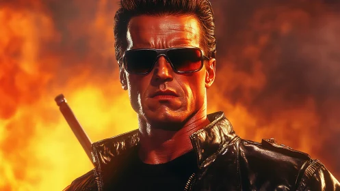 Cybernetic warrior stands before roaring firestorm backdrop.