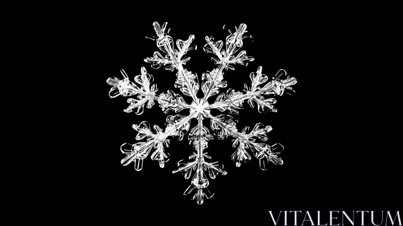 Intricate snowflake macro on stark black backdrop.