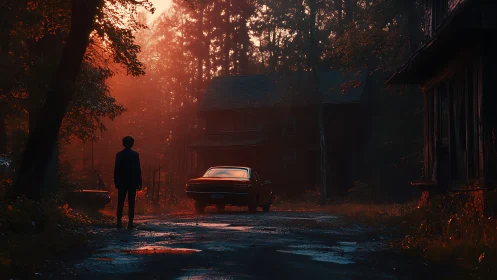 Cinematic dusk scene isolates lone figure by car in forest lane