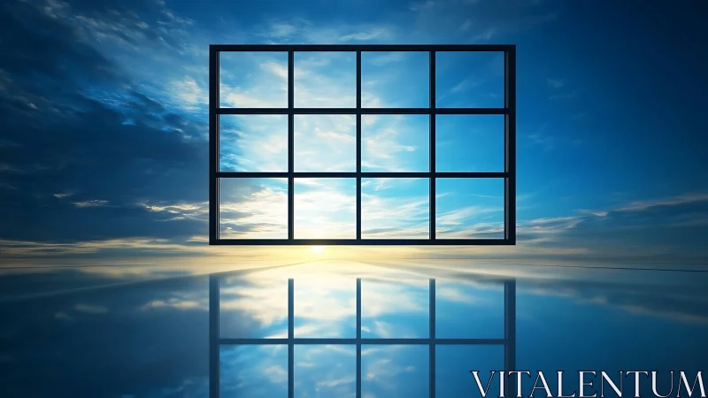 Framed sky grid floats over reflective horizon with symmetrical mirroring