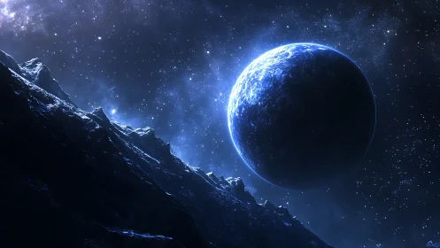 Blue exoplanet rises above icy ridgeline in deep space