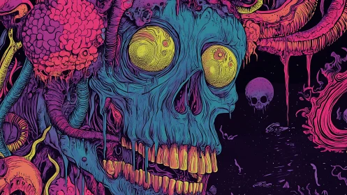 Psychedelic neon skull dissolves into cosmic biomorphic tendrils