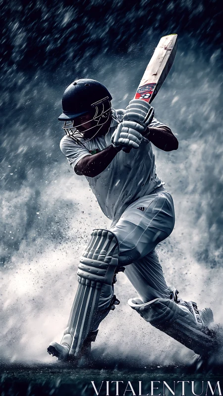 Dynamic cricket batsman under torrential stadium rainstorm.