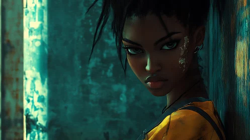 Fierce cyber-styled woman against teal industrial wall.