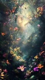 Sunlit jungle blossoms whisper upward through painted mist