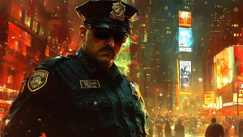 Urban night police officer stands in neon lit city street.