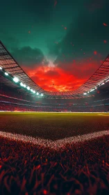 Stadium inferno horizon under neon stormlit twilight sky.
