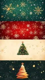 Christmas trees with golden snowflakes on festive panels.