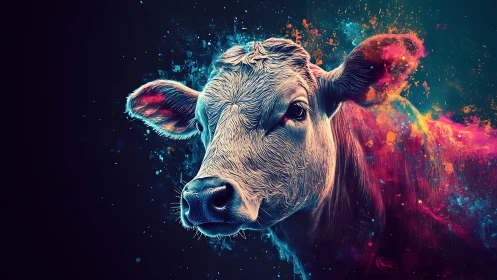 Neon bovine portrait in high-contrast digital painting style.