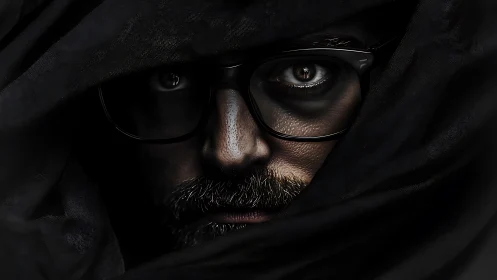 Close-up male face with glasses framed by dark fabric.