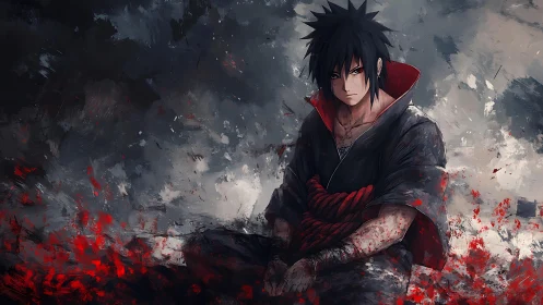 Silent warrior broods while crimson embers gnaw the dusk