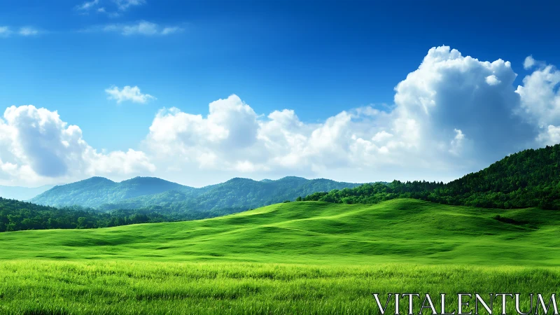 Vivid midday landscape with rolling grass hills and cumulus clouds