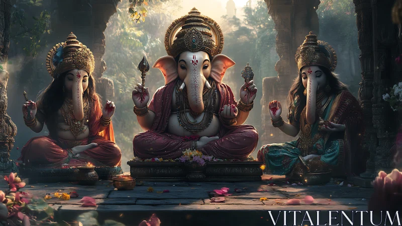 Gentle Ganesha trio glows in a peaceful temple sanctuary