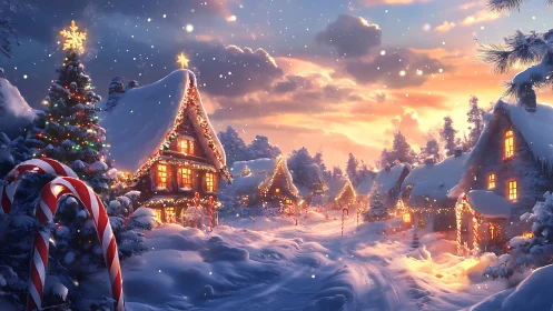 Snowy Christmas village glows under warm sunset sky