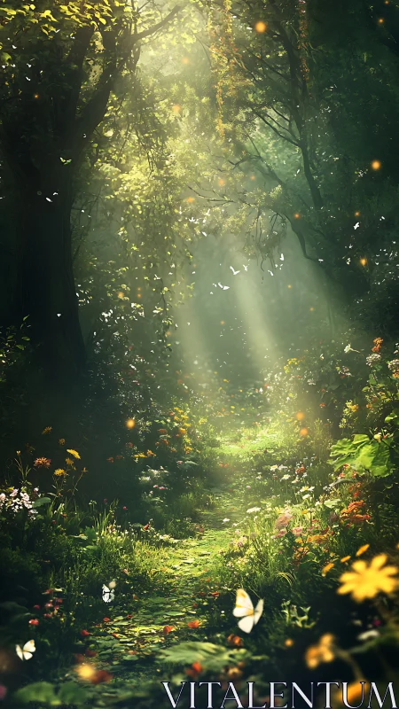 Enchanted Forest Path: Golden Sunlight Through Ancient Trees.